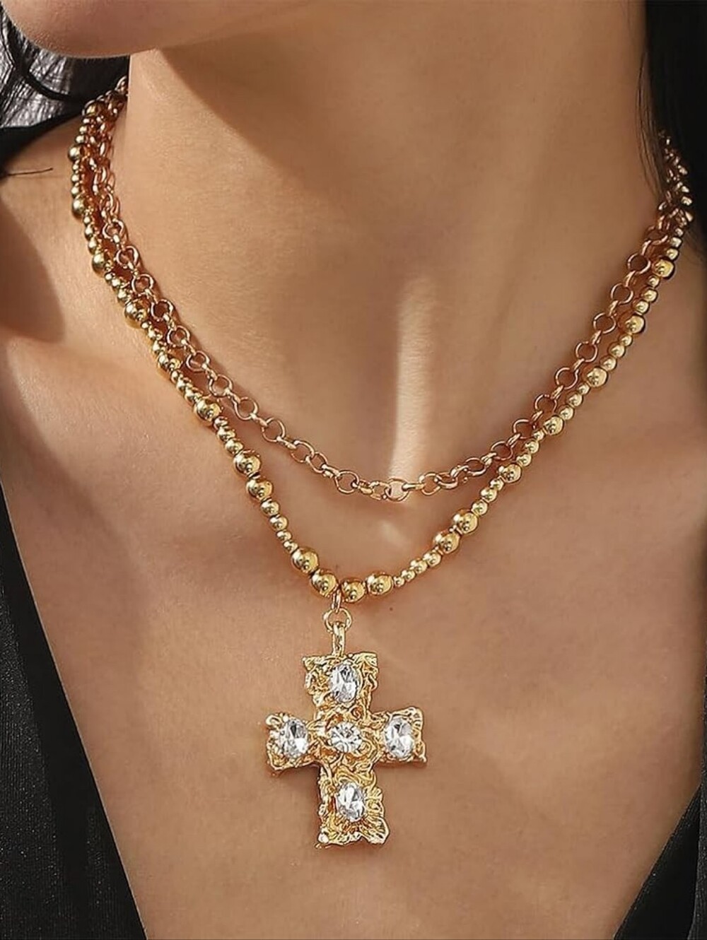 2Pcs Gold Big Crystal Cross Necklace Layered Chunky Beaded